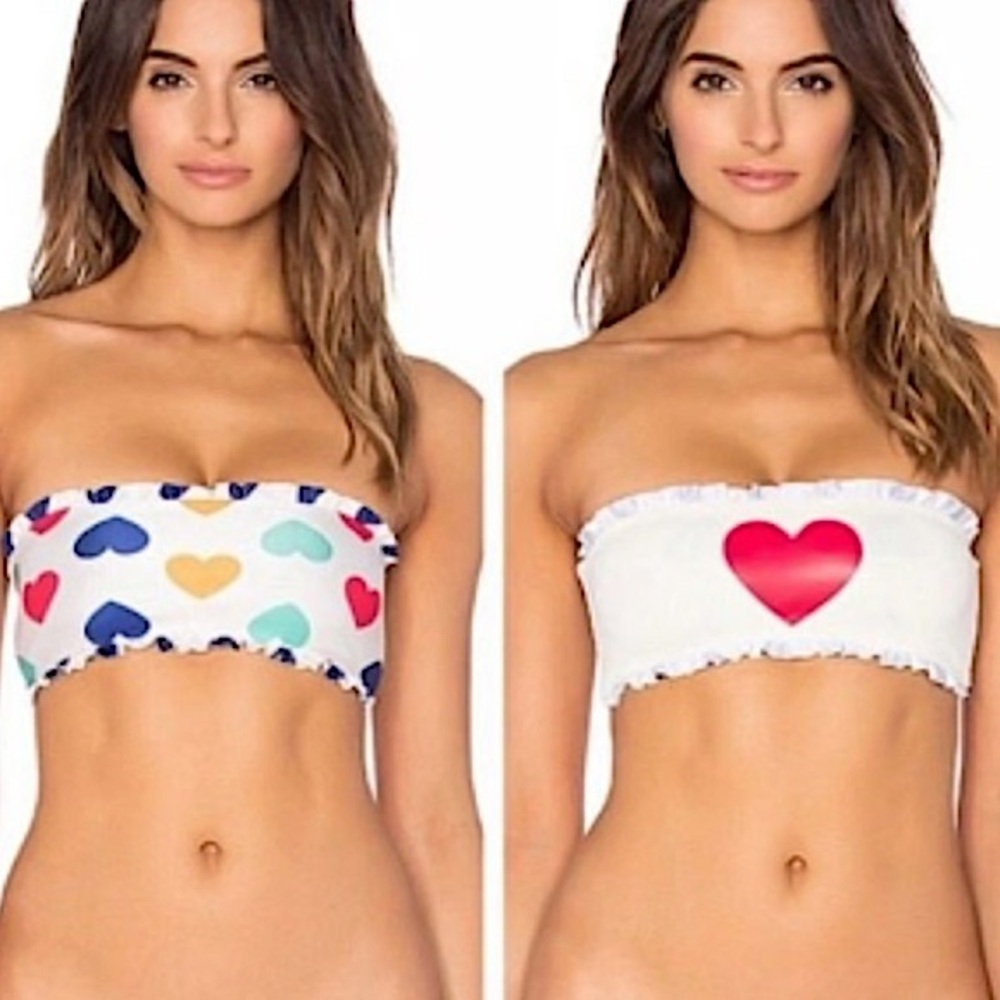 WILDFOX Reversible Bikini Top Hearts Super Strappy Back Size Small Ruffly Edges